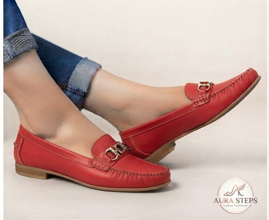 Aura Classic Buckle Shoes-Red - Women's Footwear - Aura Steps Pakistan