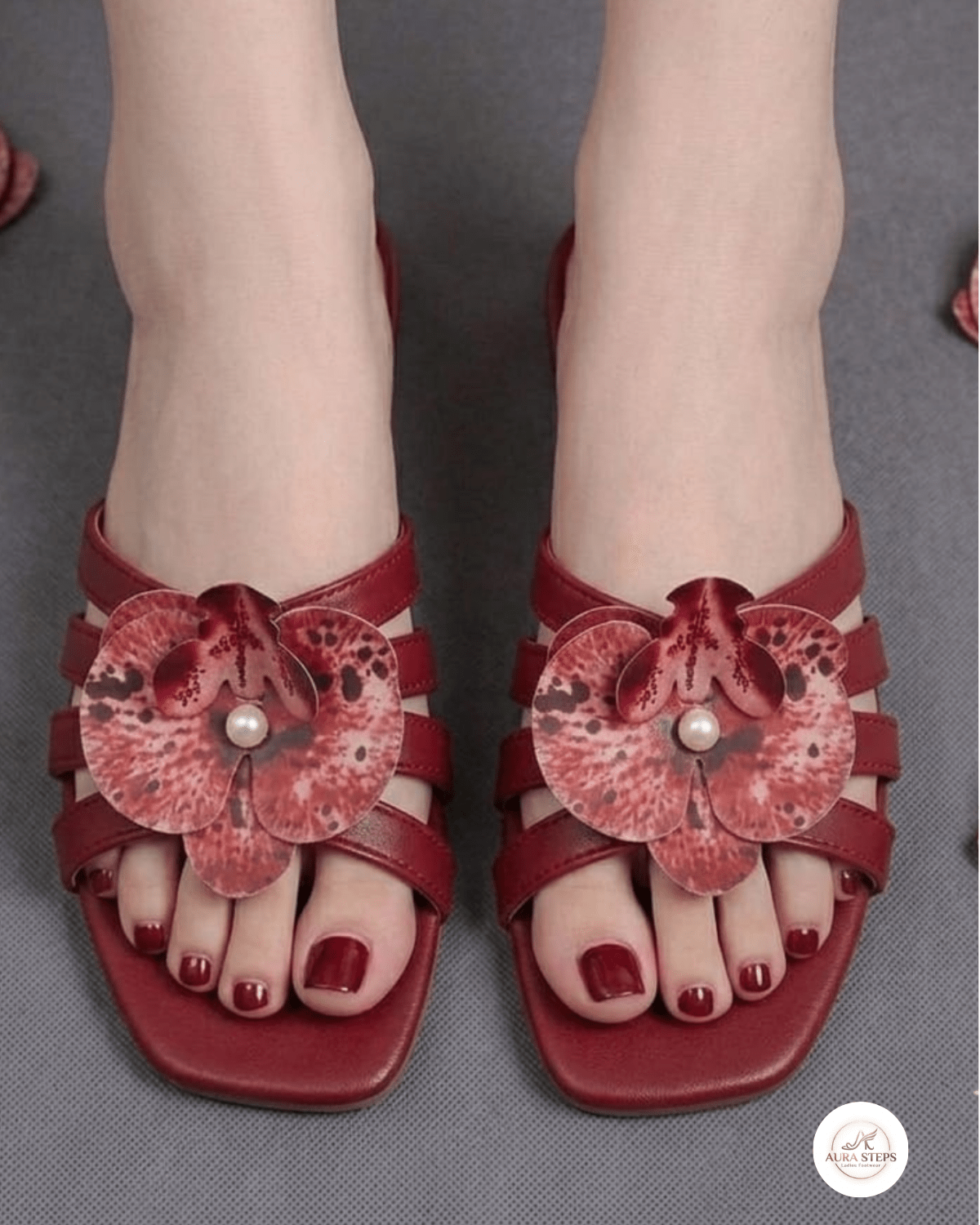 AURA "Floral" Flats-Maroon - Aura Steps