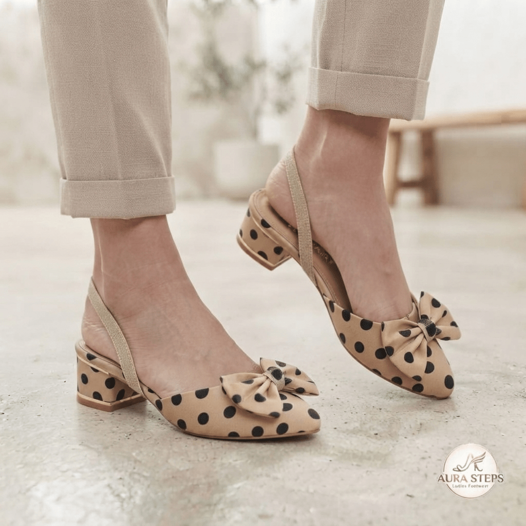 Aura Steps Polka Dot, Slingback, Beige Block heels Pumps - Aura Steps