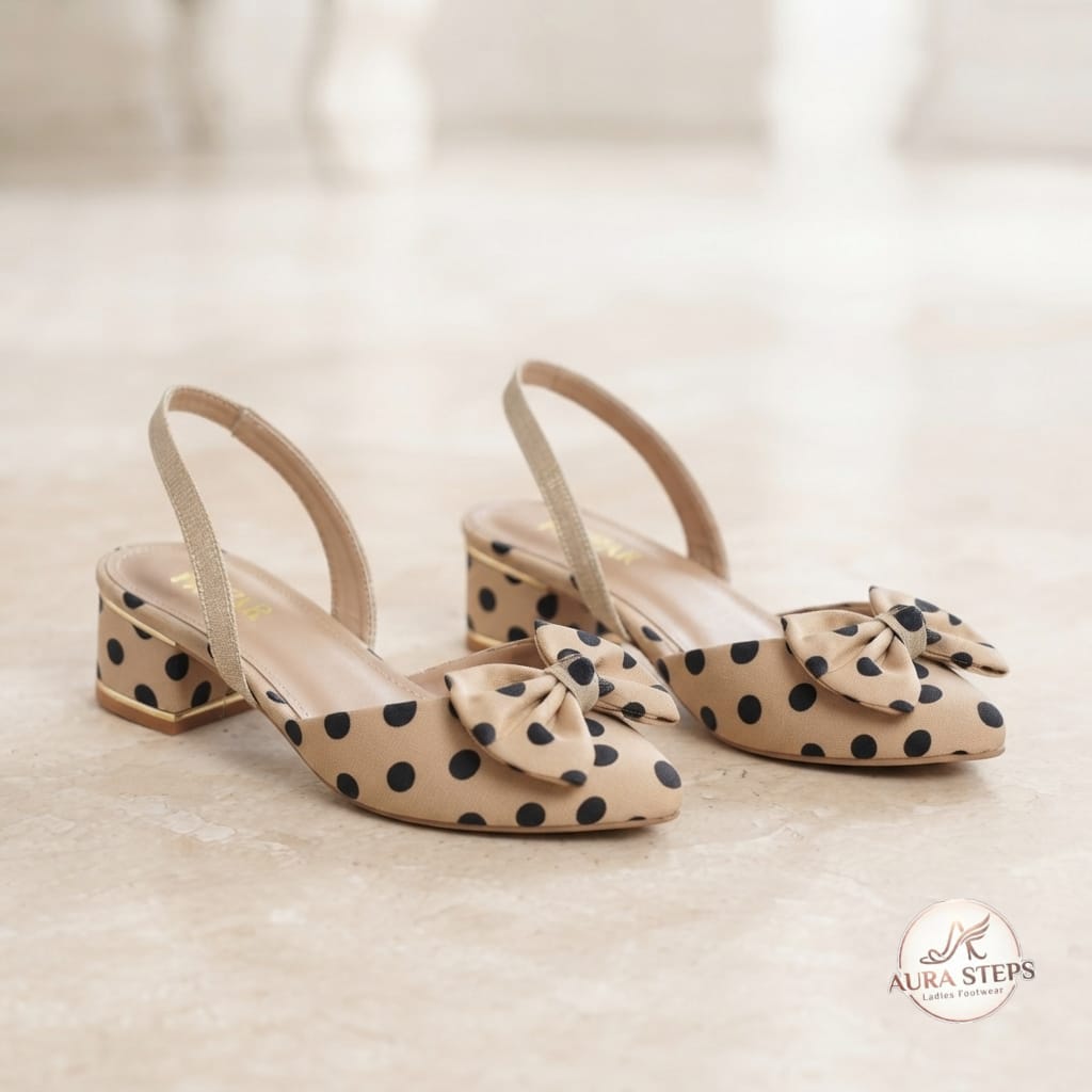 Aura Steps Polka Dot, Slingback, Beige Block heels Pumps - Aura Steps