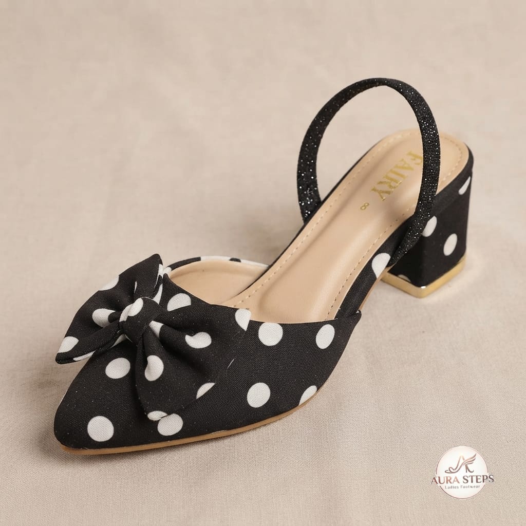 Aura Steps Polka Dot, Slingback, Black Block heels Pumps. - Aura Steps