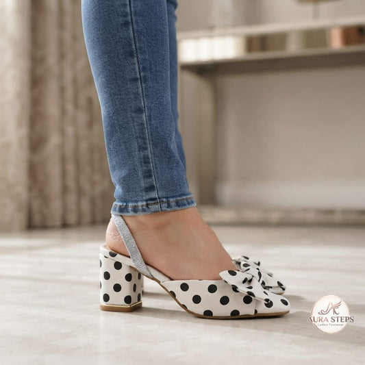 Aura Steps Polka Dot, Slingback, white Block heels Pumps. - Aura Steps
