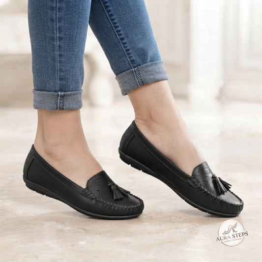 Aura steps Tassal Loafers Ladies Shoes-bllack - Women's Footwear - Aura Steps Pakistan