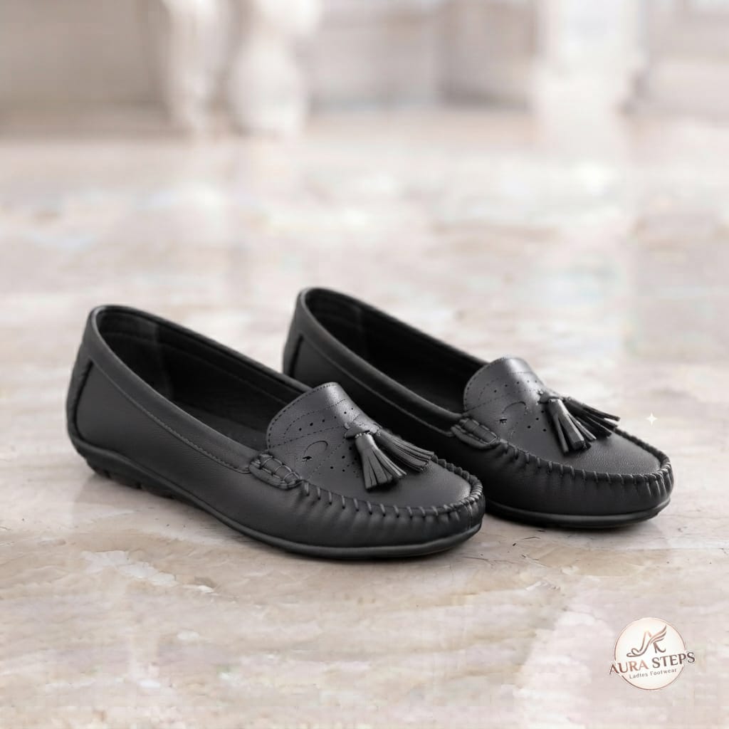 Aura steps Tassal Loafers Ladies Shoes-bllack - Aura Steps