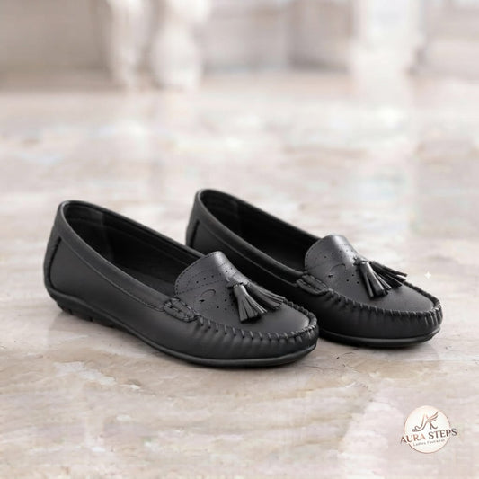 Aura steps Tassal Loafers Ladies Shoes-bllack - Aura Steps